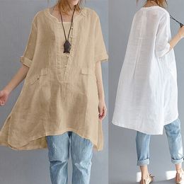 Vintage Round Neck Cotton Linen Blouse Women Plus Size Loose Short Sleeve Long Blouses Top Female Irregular Hem Shirt Blouse 5xl Y200930