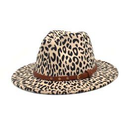 Fashion Women Wool Felt Fedora Leopard Jazz Hat Men Beige Wide Brim Fedora Vintage Panama Trilby Caps With Belt