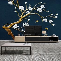 Custom Photo Mural 3D Golden Relief Tree Flowers Birds Wall Murals Living Room Sofa TV Background Decoration Wallpaper