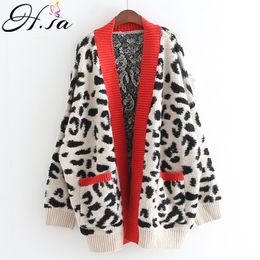 H.SA Women Fashion Long Sweater and Cardigans Open Stitch Leopard Casual Cardigans Red and Yellow Oversized Knit Jacket Out Coat 201120