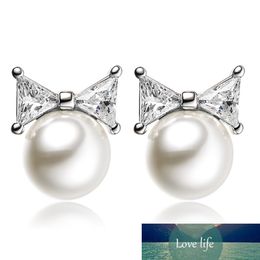 cheap fashion earings UK - 100% 925 Sterling Silver Shiny Crystal Pearl Fashion Bowknot Ladies`stud Earrings Women Jewelry Female Gift Girl Cheap