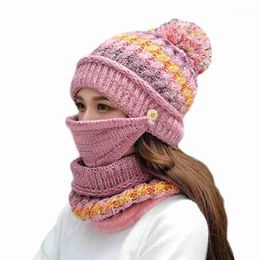 Beanie/Skull Caps 3pcs/set Winter Cap Woman Pompon Knitted Hat Neck Mask Scarves Pom Warm Plush Neckwarmer Beanies Women Pom1