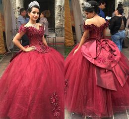 Dark Red Prom Gowns Vestidos De Quinceanera Dresses Pearls Applique Hand Made Flowers Ball Gowns Off The Shoulder Sweet 16 Dress Girls