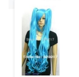 Extra Long Wavy Light Turquoise blue Cosplay Wig with 2 Ponytails