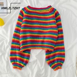 Корейский стиль Радужный свитер Свободная полоса пуловер вязаные взлетно-посадочные перемычки Женские свитера многоцветные свободные женские одежды 201023