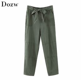 Women Solid Cargo Pants With Belt Baggy Loose Casual Bottoms Drawstring Pleated Long Trousers Female Work Office Pantalon Mujer T200422