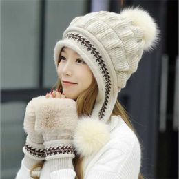 Female Winter Knitted Hat Casual All-match Sweet Lovely Rabbit Fur Knit Women Warm Knitting Cap+Glove 211229