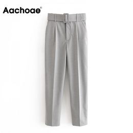 Aachoae Women Office Lady Gray Suit Pants With Belt High Waist Casual Long Trousers Female Pockets Pleated Solid Pants 201031