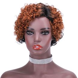Coloured 1B/30 Human Hair Short Wig Pixie Cut Curly Brazilian Remy Glueless Wigs For Black Women 150% Blonde Ombre Short Front Non Lace Wig