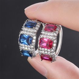 Luxury Jewellery 925 Sterling Silver Three Stone Blue Sapphire CZ Diamond Tanzanite Women Party Wedding Engagement Band Ring For Lover Gift