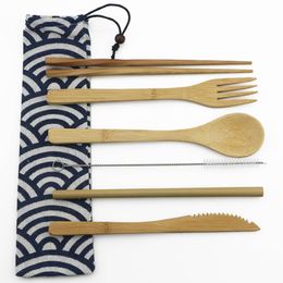 7-Pieces Tableware Set Eco-Friendly Bamboo Cutlery Set Wood Straw with Travel Pouch Wooden Spoon Fork Knife Dinnerware Set
