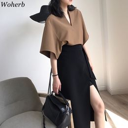 Woherb Plus Size Short Sleeve Blouse Women Sexy V-neck Office Lady Work Solid Casual Shirt Korean New Blusas Camisas Mujer LJ200810