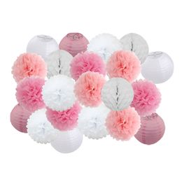 Hot 21pcs/set Pink Set Round Paper Lantern For Baby Girl Shower Decoration Baptism Party Decor Hanging Paper Crafts Ornament Y200903