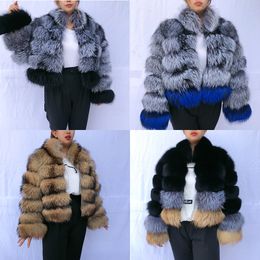 women's Fashion high street style plus stand collar coat Mixed coats natural fox fur vest 201103