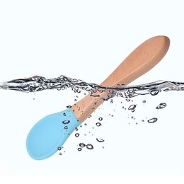 Baby Feeding Spoon Wooden Handle Silicone Spoon Baby Food Spoons Anti-Scald And Fall Resistance Training Spoons ZZC4222