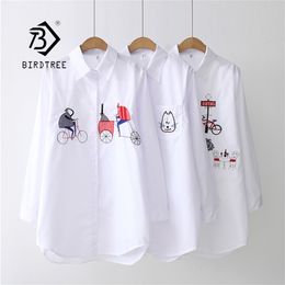 NEW White Shirt Casual Wear Button Up Turn Down Collar Long Sleeve Cotton Blouse Embroidery Feminina HOT Sale LJ200811