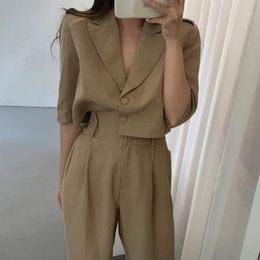 Women's Two Piece Pants CNY Korean Retro Turn Down Neck Short-sleeve Short Women Suit Jacket High Waist Loose Wide Leg Trousers Casual Woman