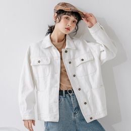 100% Cotton Denim Jacket Autumn New Korean Style Solid White Short Jeans Jacket Women Female Student Short Coat L0047 201109