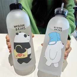 1000ml Bear Pattern Transparent Plastic Bottle Cartoon Frosted water Bottles Leak-proof Drinkware Panda Polar Bear Brown Cup 201221
