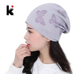 Beanie/Skull Caps 2021 Autumn And Winter Womens Beanie Brand Knitted Hat Turban Butterfly Diamond Skullies Cap Ladies Lnit Hats For Women Be