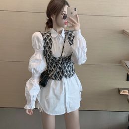 Two Pieces Set Korea Chic Turn Down Collar Puff Long Sleeve White Long Shirt + single-breasted Vest Sweet Suit Women 201202