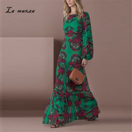 Plus Size Women Autumn Dresses Vintage Sexy Print Party Elegant Long Sleeve Maxi Dress 201204