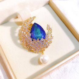 Pins, Brooches Classic Blue Rhinestone Crystal For Women Teardrop Pendant Brooch Pin Bridal Wedding Jewelry Broach Bijoux De Luxe