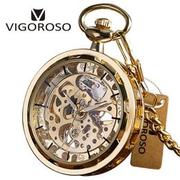 Gold Tone Steel Steampunk Transparent Skeleton Mechanical Pocket Watch Hand Winding Open Face Fashion Clock Men Women Gifts T200502