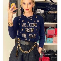 Cosmicchic Women Stars Pullovers 100% Wool Long Sleeve Knitted Sweater Gold Star Letter Jumpers NavySweater Blue Soft Knitwear 201128