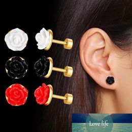 Charm Stud Women's Red Rose Earrings Colourful 3D Carved Girls Lady Wedding Prom Stainless Steel Flower Earrings