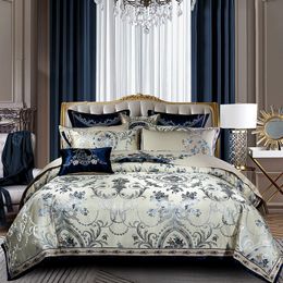 Blue color Europe Luxury Royal Bedding sets Queen King size Satin Jacquard Duvet cover Bedspread sheets set pillowsham 4/6/10Pcs T200706