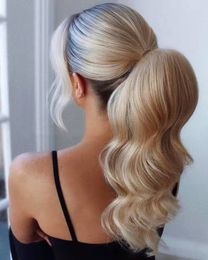 European drawstring human ponytail 613 white blonde modern pony tail cuticle aligned raw virgin blond clip in wraps around wavy ponytails hairpiece 120g