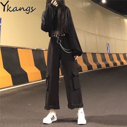 With Chain Baggy Cargo Solid Black Pants Gothic Harajuku Streetwear Hip Hop Women Pants Female Wide Leg Pants Pocket Korean 201106