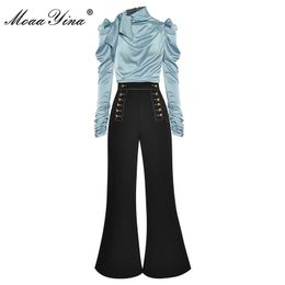 MoaaYina Fashion Designer Set Autumn Women Ruched Long Sleeve Tops+Double breasted bell-bottoms Two-piece set 201119