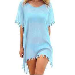 Casual Dresses Est Style Women Beach Tassels Swimsuit Cover Up Swimwear Pareo Tampa Summer Mini Loose Solid Dress Ups1