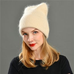 Women Knitted Winter Hat Ears Female Warm Rabbit Hair Knitted Beanie Girls Solid Cashmere Knitted Women Skullies Beanie Soft Hat Y201024