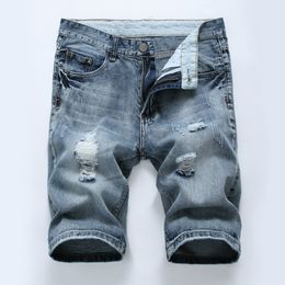 2023 Causal Men Distressed Ripped Denim Shorts Jeans Straight Slim Fit Summer Denim Hip Hop Streetwear