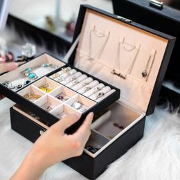 Large Double Layer Jewelry Organizer Earring Pendant Necklace Storage Box PU Leather Glasses Watch Women Cosmetics Lipstick Box LJ200812