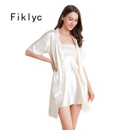 Fiklyc underwear sexy women's robe & gown sets satin bathrobe + night dress 2 pieces sleepwear womens sleep set faux silk robe 210203