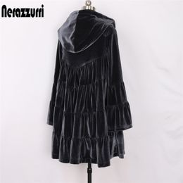 Nerazzurri Oversized velvet trench coat for women with hood flare long sleeve Spring loose clothes for women women fashion 201211