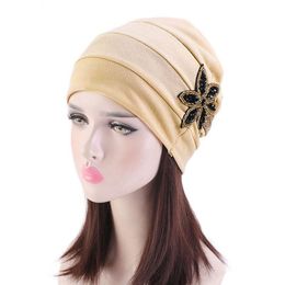 Women 1PC Twisted Headscarves Head Wrap Solid Color Inner Elegant Hat Beanie Turban Chemo Cap With Beads Flower Headwear