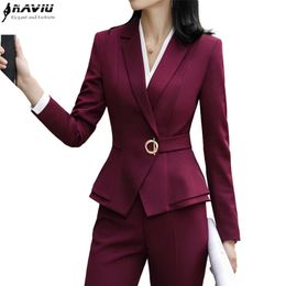 High Quality Winter Suit For Women Two Pieces Set Formal Long Sleeve Slim Blazer and Trousers Office Ladies Plus Size Work Wear 201030