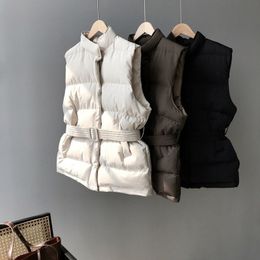 Winter Keep Warm Sleeveless Vest Women Jacket Solid Harajuku Stand Collar Belt Puffer Outwear Loose Fashion Cotton Padded Vests 201102