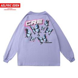 Butterfly Print Long Sleeve T-Shirt Streetwear Hip Hop Oversized Tshirt Harajuku Tops Cotton Casual Tee Shirts 201202