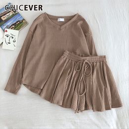 CHICEVER Korean Knitted Two Piece Set For Women Long Sleeve Blouse High Waist Drawstring Shorts Female Suit 2020 Summer New LJ201120