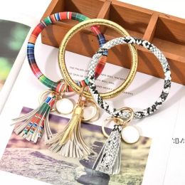 Party Gifts Leather Tassels Bracelet Keychain Gold Silver PU Wrist Key Ring Sunflower Leopard Patterns Bangle Holder Dia 7.5cm CG001