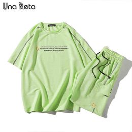 Una Reta Summer Men Sports Suit 2021 New Fashion Casual Sunscreen Short Sleeve T-shirt Shorts Hip Hop Print Two-piece Set Suit G1222