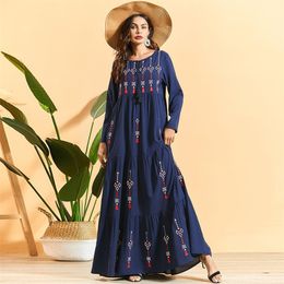 Siskakia Pleated Embroidered Bohemian long dress Fashion Arab Muslim Women's Maxi Robe Dress Long Sleeve Swing Ethnic Clothing T200601