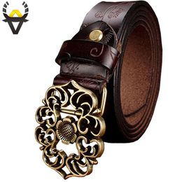 Vintage Belt Woman Genuine Leather Second Cow skin strap Fashion Floral Buckle Belts For Women High Quality jeans girdle