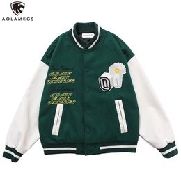 Aolamegs Cartoon House Flowers Letter Embroidery Harajuku Baseball Jacket Men Coats High Street Bomber Jackets 3 Colour Optional 201123